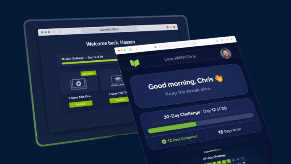LearnWithChris dashboard - 30-day challenge and streak progress